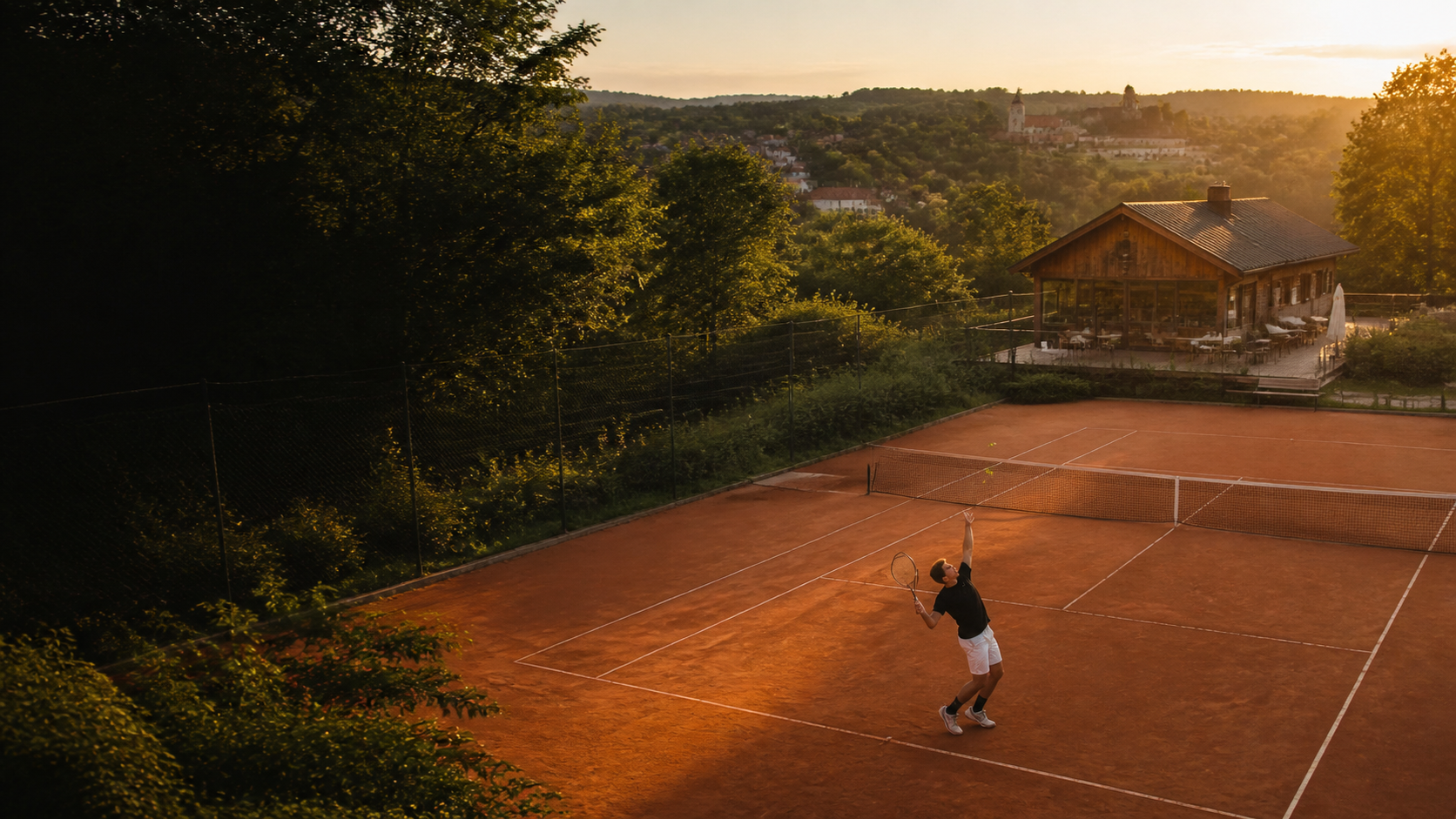 Kort ziemny Rawa Tenis o zachodzie słońca